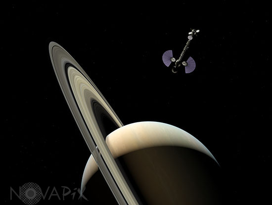 Vaisseau spatial près de Saturne - Vue d'artiste