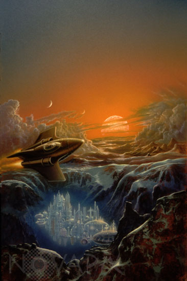 A spaceship discovers floating city on alien world
