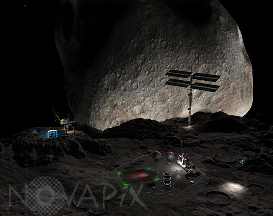 Mining base on double asteroid 90 Antiope - Illustration