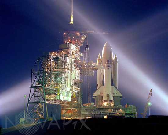 STS-1: Columbia at launch pad. March 1981