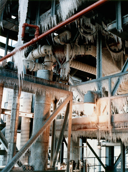 Ice on the space shuttle Challenger launch pad. Jan 28 1986