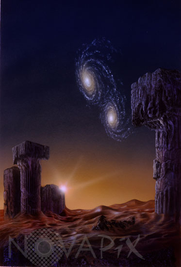 Galaxies en collision dans le ciel d'une exoplanète - Vue d'artiste