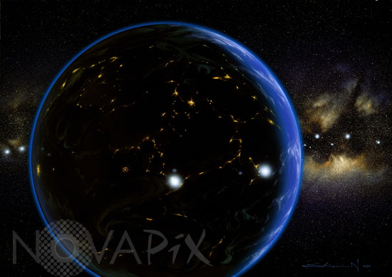 Exoplanète de type terrestre habitée - Vue d'artiste