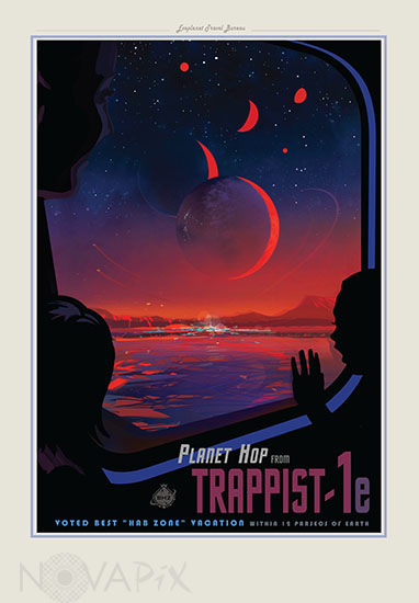 Affiche publicitaire futuriste pour le tourisme sur TRAPPIST-1e - Illustration