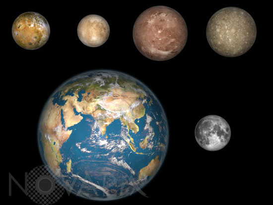 Jupiter's four largest satellites and Earth and the Moon compared