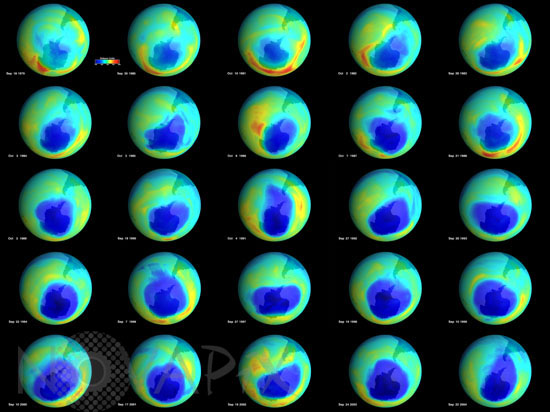 Evolution du trou d'ozone au pôle sud de 1979 à  2004