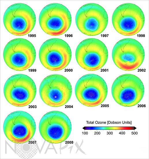Trou d'ozone au pôle sud de 1995 à  2008