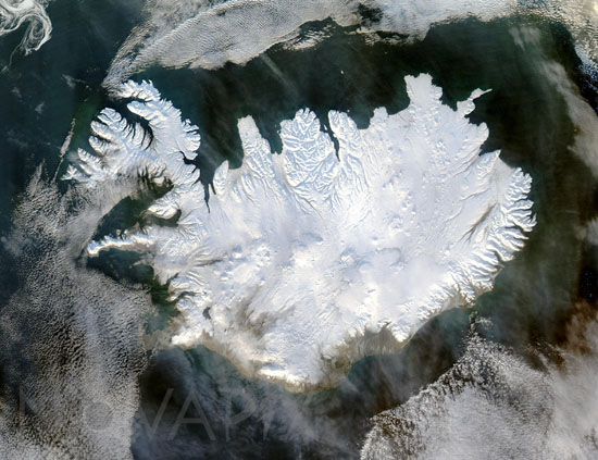 Islande vue depuis le satellite Aqua 28/01/2004