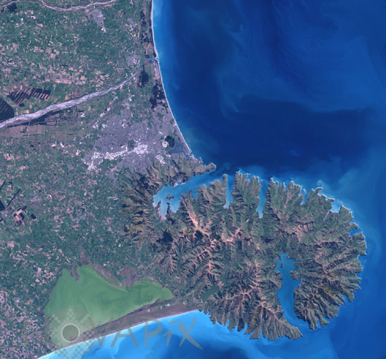 Christchurch et la Péninsule de Banks (Nouvelle-Zélande) vue de l'espace
