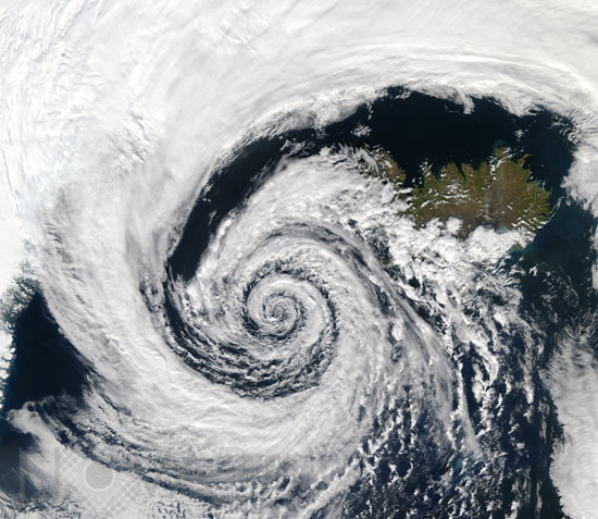 Low-pressure system near Iceland coasts.