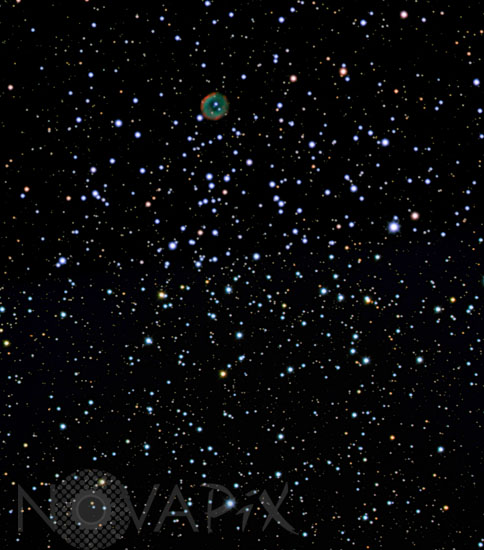 Amas d'étoiles M46 et nébuleuse planétaire NGC 2438 dans la Poupe