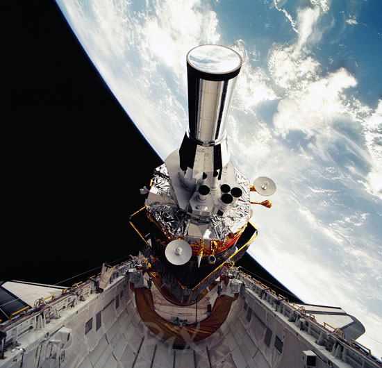 Military satellite DSP tilted to predeployment position