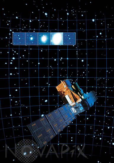 Satellite Integral observing a gamma-ray burst. Artwork.