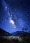 Winter Milky Way above a landscape. Artwork.