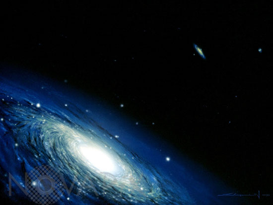 Our galaxy and the Andromeda galaxy. Artwork.