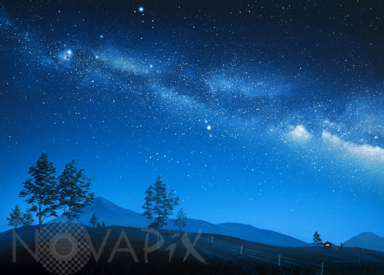 Milky Way above a landscape. Artwork.