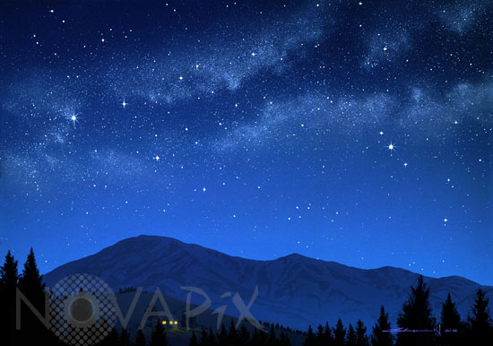 Milky Way above a landscape. Artwork.