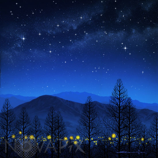 Milky Way above a landscape. Artwork.