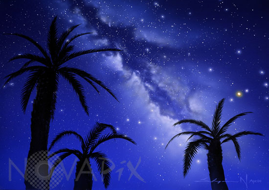 Milky Way above a landscape. Artwork.
