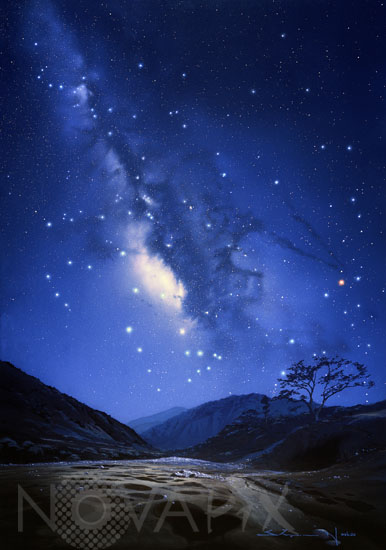 Winter Milky Way above a landscape. Artwork.